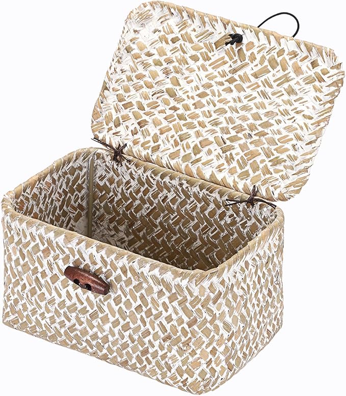 Hipiwe Wicker Shelf Basket Mini Seagrass Basket with Lid Key Holder Box for Entry Tabletop Desk Organizer Home Decor, Whitewash 6.1" x 4" x 3.3"