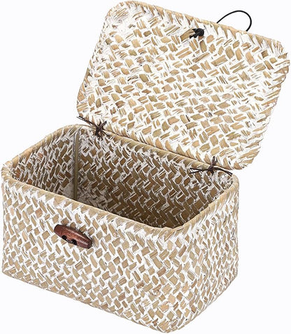 Hipiwe Wicker Shelf Basket Mini Seagrass Basket with Lid Key Holder Box for Entry Tabletop Desk Organizer Home Decor, Whitewash 6.1" x 4" x 3.3"