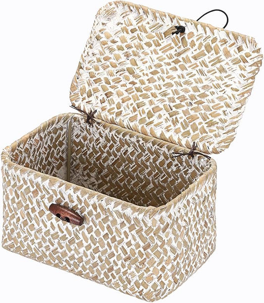 Hipiwe Wicker Shelf Basket Mini Seagrass Basket with Lid Key Holder Box for Entry Tabletop Desk Organizer Home Decor, Whitewash 6.1" x 4" x 3.3"