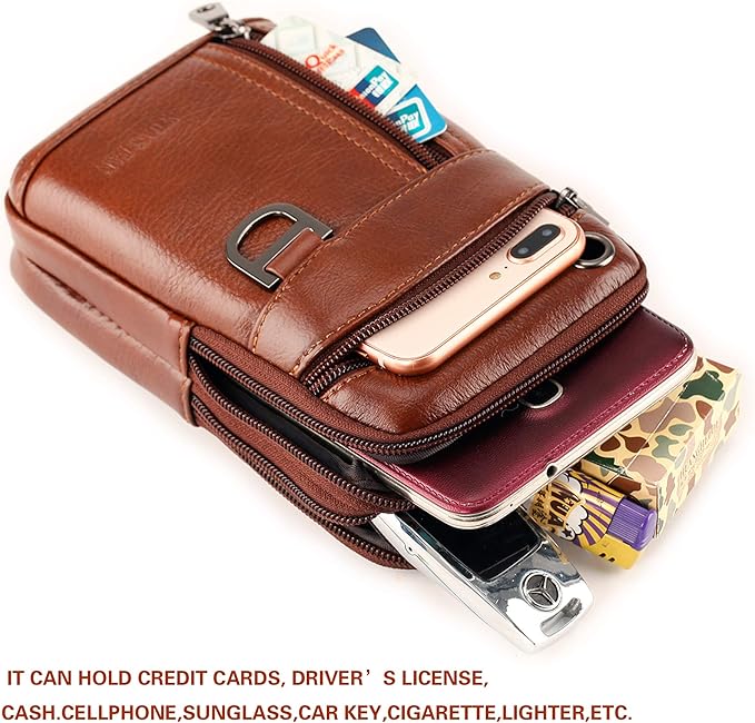 Leather Cell Phone Wallet Shoulder Holster,Hip Bum Pack Pouch Belt Pouch Bolso para Hombre Crossbody Bag for Men with Card Slots Compatible with iPhone (Brown)