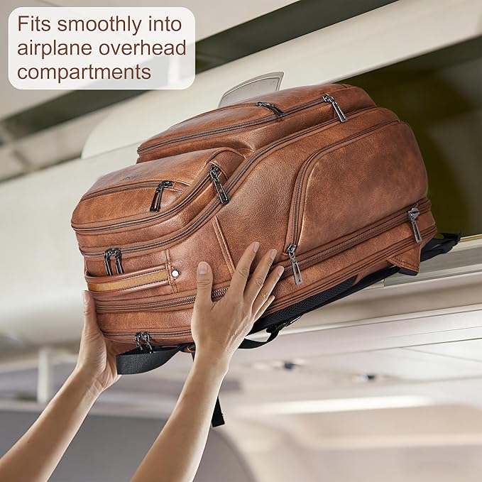 Vegan Leather Backpack, 40L Expandable, TSA Travel Backpack for Men and Women, Fits 17.0 Inch Notebook with Luggage Strap and USB Port, Brown