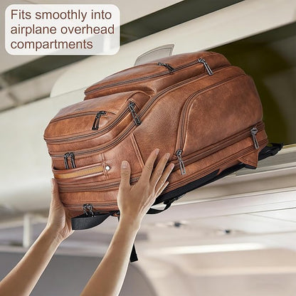 Vegan Leather Backpack, 40L Expandable, TSA Travel Backpack for Men and Women, Fits 17.0 Inch Notebook with Luggage Strap and USB Port, Brown