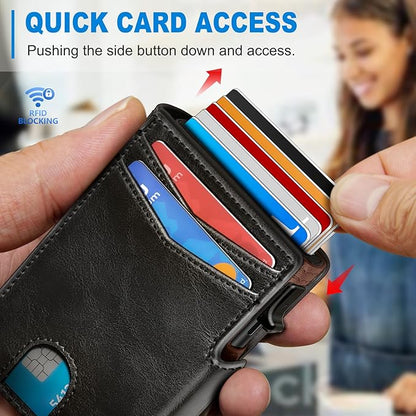 miyozi Wallet for Men, Magnetic Minimalist Slim Wallet with Pop Up Card Holder, 9 Cards RFID Blocking Metal Credit Card Case, Leather Wrapped Money Clip, ID Window & Small Item Slot, Gift Boxed