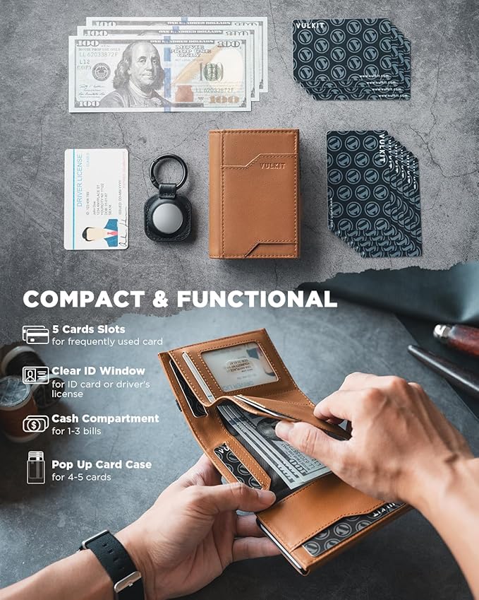 VULKIT Airtag Wallet with Keyring Mens Pop up Credit Card Wallet Compatiable with Air Tag Holder Trifold ID Window RFID Blocking