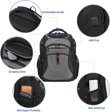 KROSER TSA Friendly Travel Laptop Backpack 17.3 inch XXXL Gaming Backpack Water-Repellent College Daypack Business Backpack with RFID Pockets & USB Port for Men/Women-Black/Grey