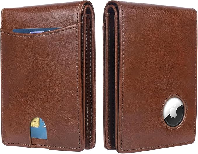 AirTag Wallet Men，Genuine Leather Wallet with Airtag Holder Slim Billfold RFID Blocking Wallet for Apple Air tag Best Gifts for Him Brown (Airtag Not included)…