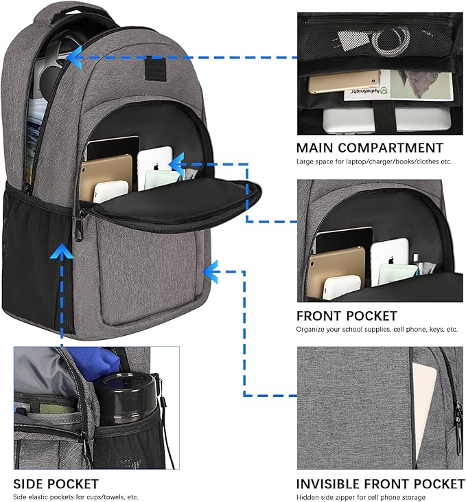 LARIPOP Carry On Backpack for Airplane, 17.3 Inch Laptop Backpack with USB Charging Port, Water Resistant Business Travel Backpack, Lightweight College School Bookbag Anti Theft for Men Women, Grey
