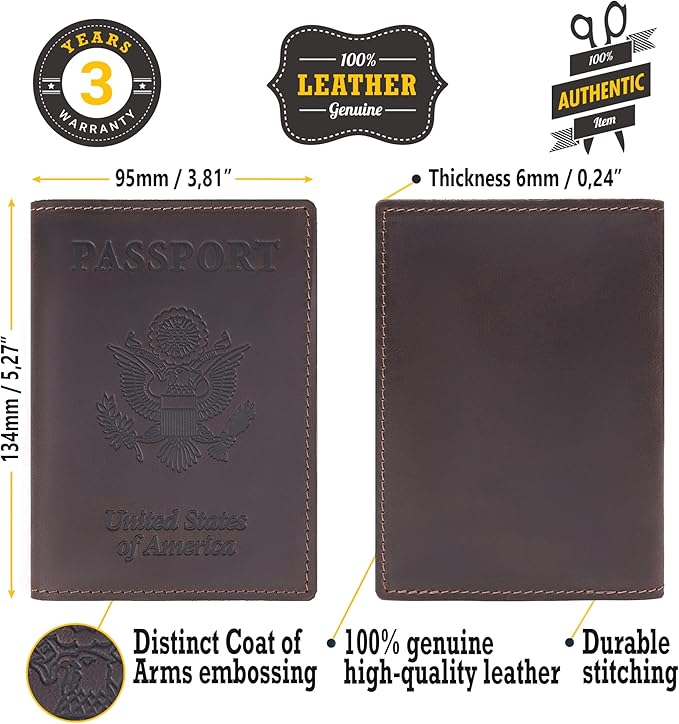 Shvigel Genuine Leather Passport Cover – Passport Holder for Men & Women – Crazy Horse Leather Travel Wallet Brown