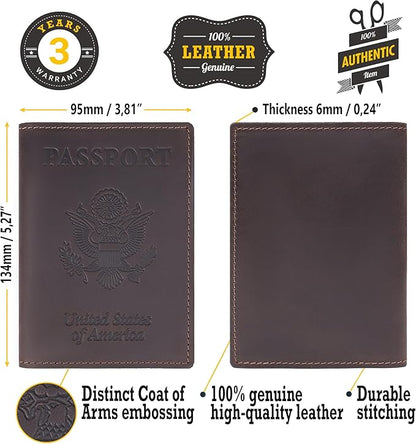 Shvigel Genuine Leather Passport Cover – Passport Holder for Men & Women – Crazy Horse Leather Travel Wallet Brown