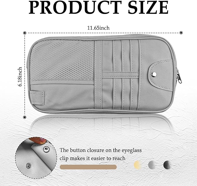 Upgrade Car Visor Organizer,Multipurpose Car Sun Visor Organizer with Sunglasses Holder for Car Storage Bank Cards,Driver's License,PU Leather Truck Visor Organizer for Most Vehicles (Grey)