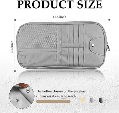 Upgrade Car Visor Organizer,Multipurpose Car Sun Visor Organizer with Sunglasses Holder for Car Storage Bank Cards,Driver's License,PU Leather Truck Visor Organizer for Most Vehicles (Grey)