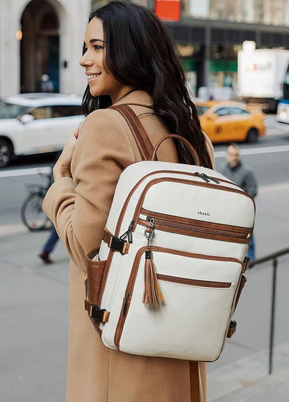 Shrrie Laptop Backpack for Women,Vegan Leather Backpack Work Computer Backpacks fits 16" Laptop,Water Resistant Teacher Nurse Casual Daypack for Weekender Camping Travel,Beige with Brown
