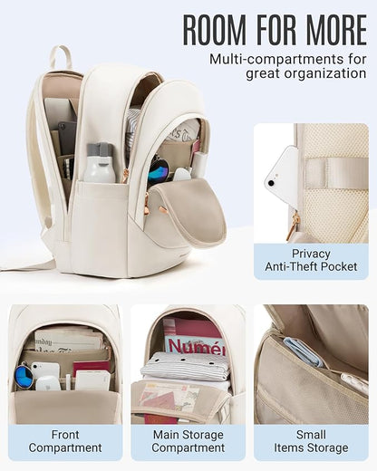 LIGHT FLIGHT Travel Laptop Backpack for Women, 15.6 Inch Backpack with USB Charging Hole, Water Resistant College Bookbag, Large Capacity Black Computer Backpacks for Work, Warm Beige