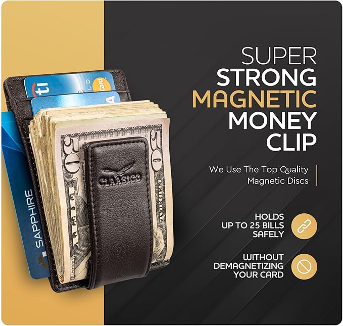 Claasico Men’s Leather Money Clip Wallet – Slim Front Pocket Wallet w/Super Strong Magnetic Clip, RFID Blocking, 5 Card Slots & Center Pocket + ID Window