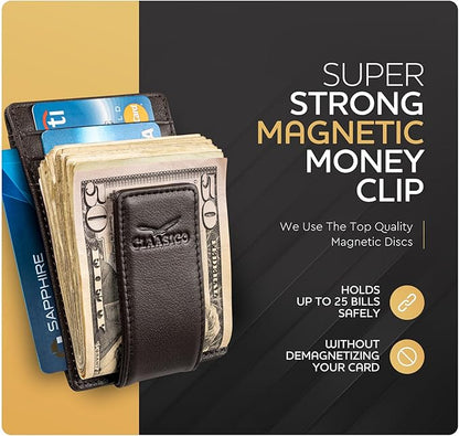 Claasico Men’s Leather Money Clip Wallet – Slim Front Pocket Wallet w/Super Strong Magnetic Clip, RFID Blocking, 5 Card Slots & Center Pocket + ID Window