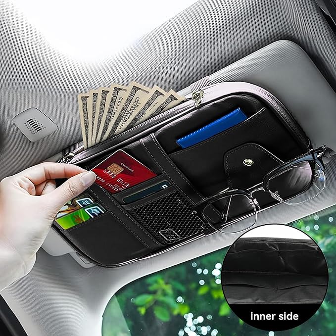 Car Sun Visor Organizer, Multi-Pocket PU Leather Sunglass Holder and Storage Pocket with Net Zipper, Card Sleeve Pocket Organizer, Auto Interior Accessories for Vehicle, Truck, SUV (Black)