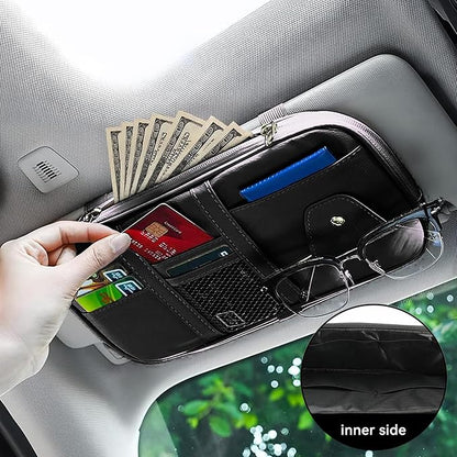 Car Sun Visor Organizer, Multi-Pocket PU Leather Sunglass Holder and Storage Pocket with Net Zipper, Card Sleeve Pocket Organizer, Auto Interior Accessories for Vehicle, Truck, SUV (Black)
