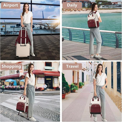 Laptop Backpack for Women Work Bag - 15.6 inch Travel Backpack Purse with USB Charger College Bookbag Waterproof Cute Casual Daypack Business Computer Backpacks for Teacher Nurse Beige Wine Red