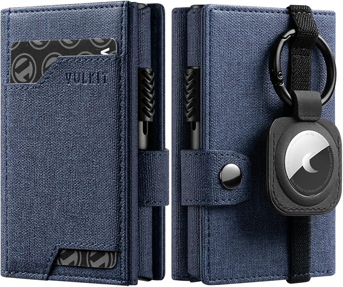 VULKIT Airtag Wallet with Keyring Mens Pop up Credit Card Wallet with Air Tag Holder Trifold ID Window RFID Blocking（Navy）