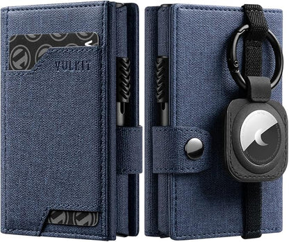 VULKIT Airtag Wallet with Keyring Mens Pop up Credit Card Wallet with Air Tag Holder Trifold ID Window RFID Blocking（Navy）