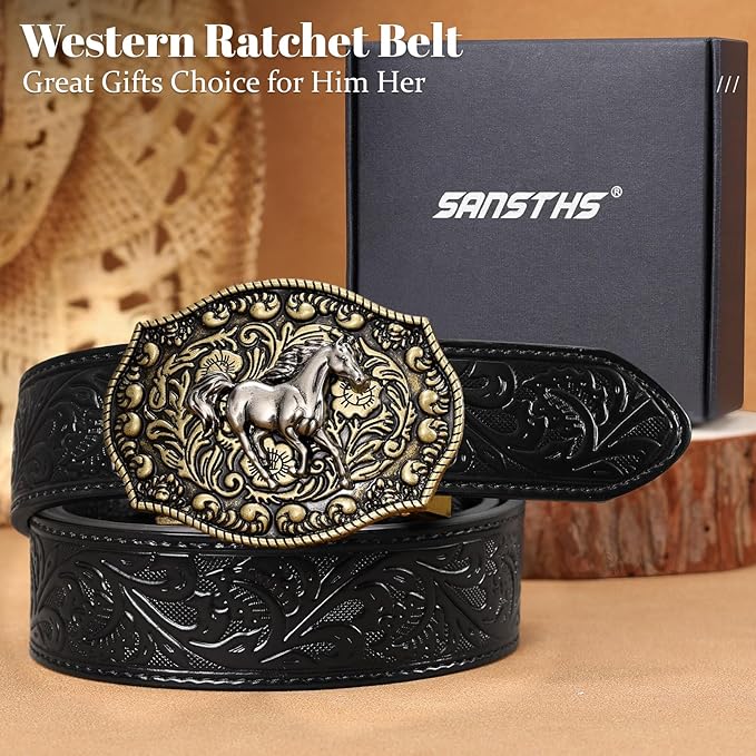 SANSTHS Western Cowboy Ratchet Belts for Men Women Leather Cowboy Belt with Automatic Western Buckle for Jeans Gifts