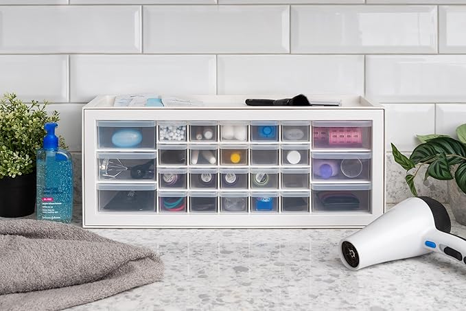 IRIS USA Plastic Storage Drawers, Made in USA, 26-Drawer Organizer Cabinet, Stackable Teacher Toolbox for Crafts, Beads, Stickers, Hardware, Nuts & Bolts, Scrapbook Supplies, Building Bricks – White