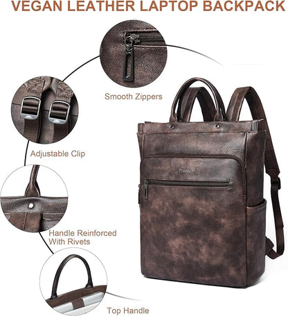 Leather Laptop Backpack for Women, Travel Backpack Purse Fits 15.6 Inch Laptop, Casual Daypack with Laptop Compartment for College Work Business Nurse Weekender, Coffee