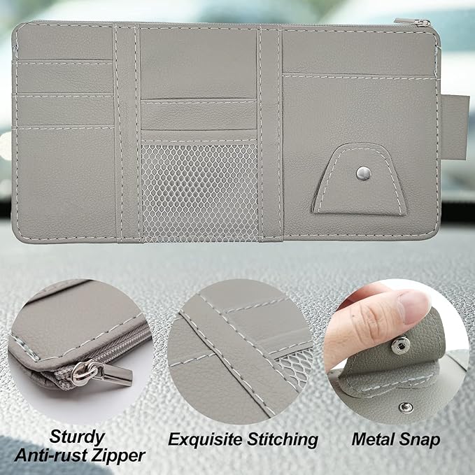 Keedolla 2Pcs Car Sun Visor Organizer with Zipper Pocket, Car Truck Visor Storage Pouch Holder Travel Auto Document Holder for Mobile Phone, Sunglasses, Card - Gray