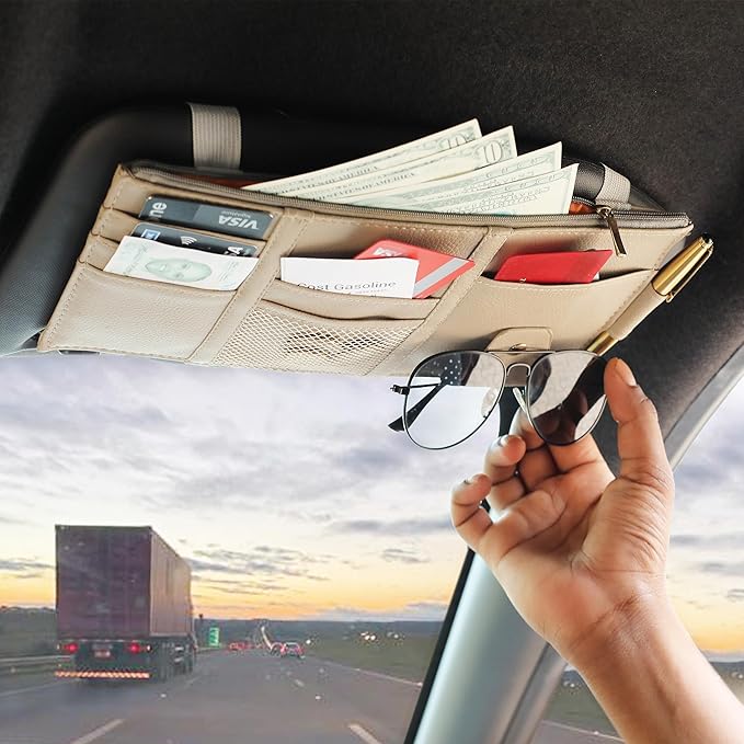EcoNour Car Sun Visor Organizer (Beige) | Multi-Pocket Net Zipper Case for Cash, Card, Pen & Sunglass | Visor Organizer Storage Pouch | Interior Accessories with Pocket for Car & Truck | Small