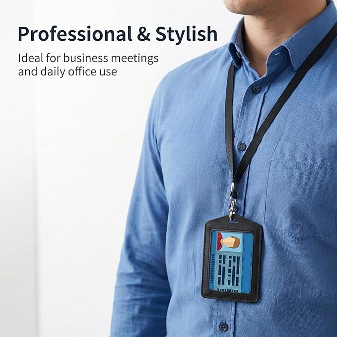 2 Pack Genuine Leather ID Badge Holders Waterproof Name Badge Holde Vertical Single-Side Clear Card Holder for Office, Staff, Employees (Black & Brown)