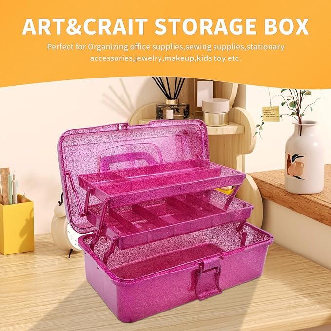 3 Layer Stackable Arts and Crafts Organizer Storage, Multipurpose Sewing Box Plastic Tackle Box Organizer with Lib, Storage for Tools, Makeup, Snack, Art Supply, Sewing Supply(Fuchsia)