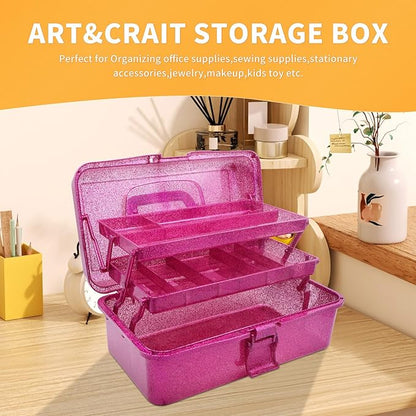 3 Layer Stackable Arts and Crafts Organizer Storage, Multipurpose Sewing Box Plastic Tackle Box Organizer with Lib, Storage for Tools, Makeup, Snack, Art Supply, Sewing Supply(Fuchsia)