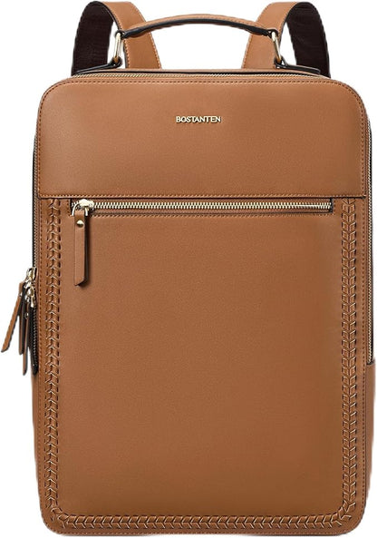 BOSTANTEN Leather Backpack 15.6 inch Laptop Bag Travel Casual Computer Backpack College Business Work Shoulder Bags with Trolley Sleeve for Women Men Brown