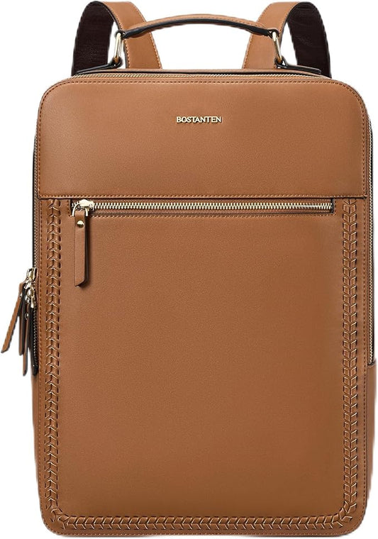 BOSTANTEN Leather Backpack 15.6 inch Laptop Bag Travel Casual Computer Backpack College Business Work Shoulder Bags with Trolley Sleeve for Women Men Brown