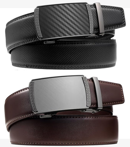 Founders & C Mens Belt 2 Pack,Leather Ratchet Click Belt Dress with Slide Buckle 1 3/8" in Gift Set Box- Size Adjustable