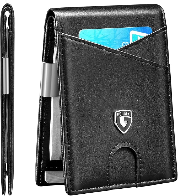 GSOIAX Slim Leather RFID Bifold Wallet for Men Minimalist Front Pocket Wallet with Money Clip,12 Card Slots,ID Window,Cool Groove Design,Includes Gift Box (Leather Black)