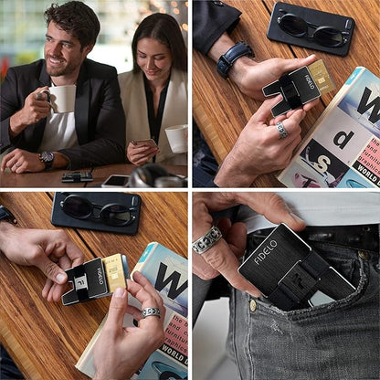 Fidelo Slim Wallet for Men – RFID Blocking Minimalist Credit Card Holder with Sliding Pop-Up Design - Push Button Men's Wallets - Front Pocket Wallet