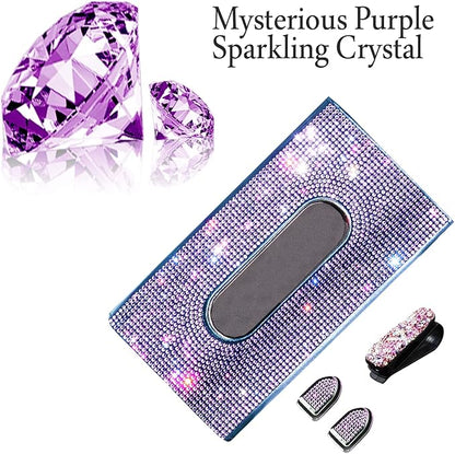 Car Visor Tissue Box Holder, Bling Crystals PU Leather Napkin Holder, Glitter Car Visor Accessories with Sparkly Mask Hook Clip for Women, Gift for Christmas Thanksgiving (Purple 4 pcs)