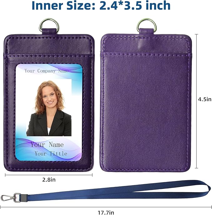 Leather Badge Holder with Adjustable Lanyards,Swivel Metal Clasp for Offices, Staff, Students, Employees(Purple)