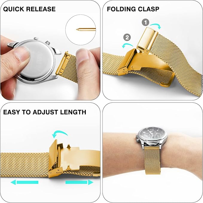 Stainless Steel Mesh Watch Band for Mens Women, Quick Release Mesh Watch Straps 18mm 20mm 22mm 24mm （22mm Gold）