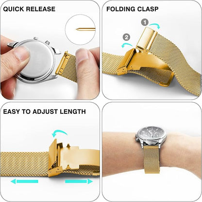 Stainless Steel Mesh Watch Band for Mens Women, Quick Release Mesh Watch Straps 18mm 20mm 22mm 24mm （18mm Gold）