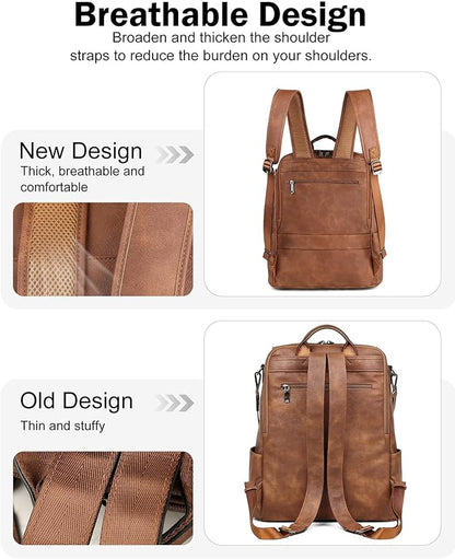 FADEON Leather Laptop Backpack for Women Designer 15.6 inch PU Laptop Bag, Ladies Travel Computer Work Backpack Camel Brown