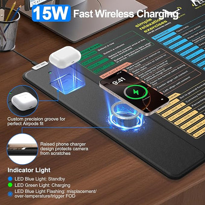 Excel Cheat Sheet Mouse Pad with Wireless Charging, 31.5"x15.8" Extended Excel Shortcuts Desk Pad, Waterproof Ultra-Smooth Keyboard Mat, Non-Slip Base, with 20W PD Adapter
