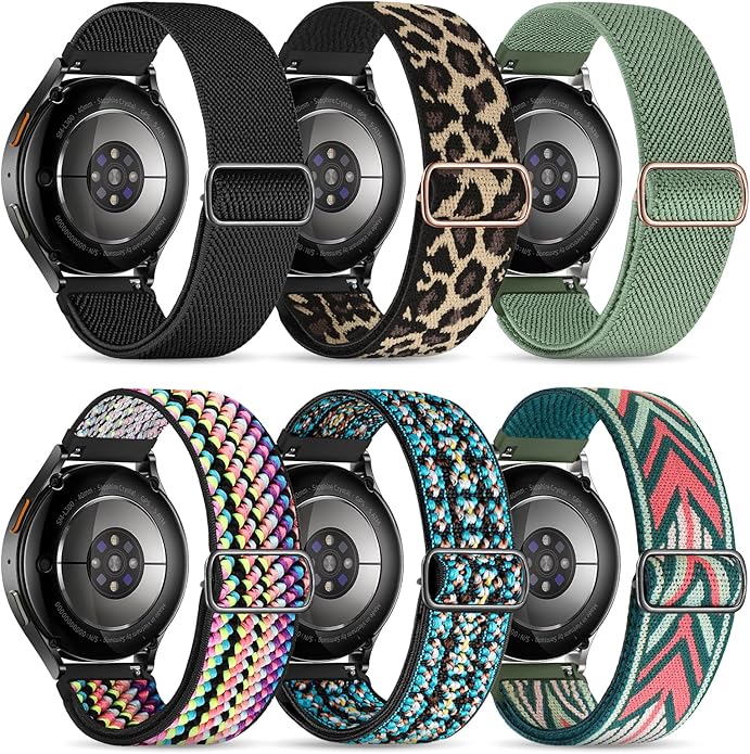 Stretchy Bands Compatible with Samsung Galaxy Watch 7 6 4 5 Band 40mm 44mm/Watch 6 4 Classic 47mm 43mm 42mm 46mm/5 Pro/FE/Active 2, 6 Pack 20mm Nylon Sport Strap for Galaxy Watch 7 Band Women Men