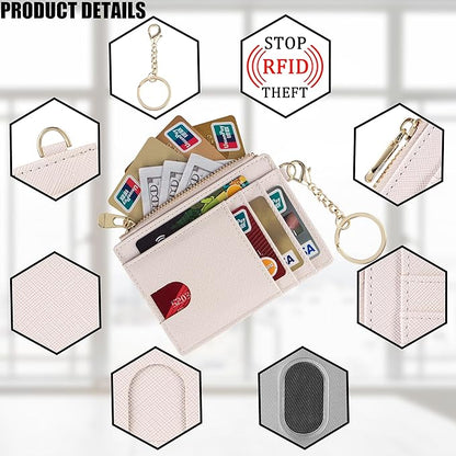 Suweibuke Slim Pocket Wallet, RFID Blocking Credit Card Holder Wallet with D-Shackle ID Window and Detachable keychain for Women (A-Beige)