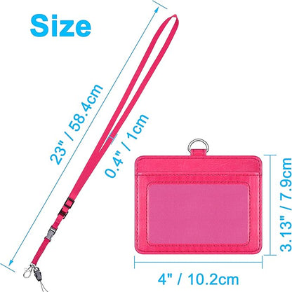 Wisdompro 2-Sided PU Leather ID Badge Holder with 1 ID Window and 1 Card Slot and 1 piece 23 Inch Adjustable Polyester Detachable Neck Lanyard Strap (Holds 3 to 4 Cards) - Hot Pink (Horizontal)