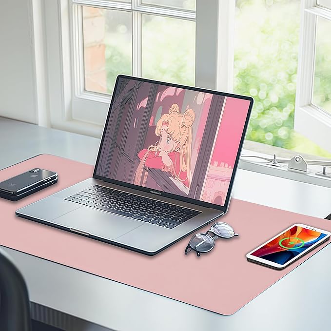 Desk Mat with Wireless Charging, Pink Mouse Pad with Wireless Charger, Desk Pad Matt for Desktop, Mousepad Gaming Large Mouse Pad, Leather Compute for Keyboard and Mouse, 32" x 16"