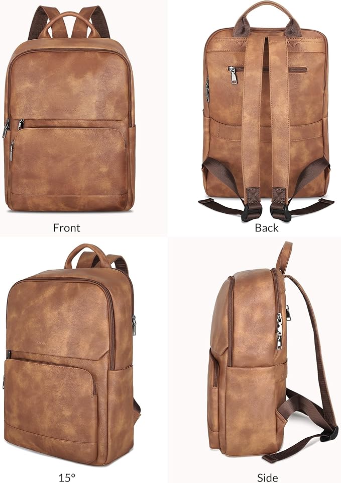 SYTRAH Leather Backpack for Women, Vintage 15.6 inch Laptop Backpack Purse for Women, College Casual Backpacks Ladies Computer Bags for Travel Business Work Mocha Brown