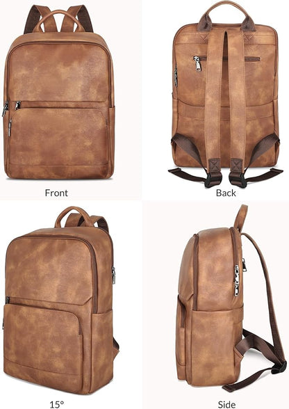 SYTRAH Leather Backpack for Women, Vintage 15.6 inch Laptop Backpack Purse for Women, College Casual Backpacks Ladies Computer Bags for Travel Business Work Mocha Brown