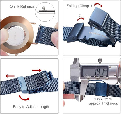 EACHE Stainless Steel Mesh Watch Band for Men Women, Quick Release Mesh Watch Straps 12mm 14mm 16mm 18mm 20mm 22mm